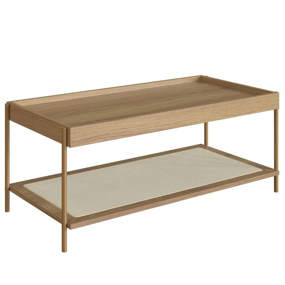 Mesa Centro Retangular Oslo Artesano 93 Cm (larg) Mdp Hanover Palha Sintética Bege Pé Metal Dourado
