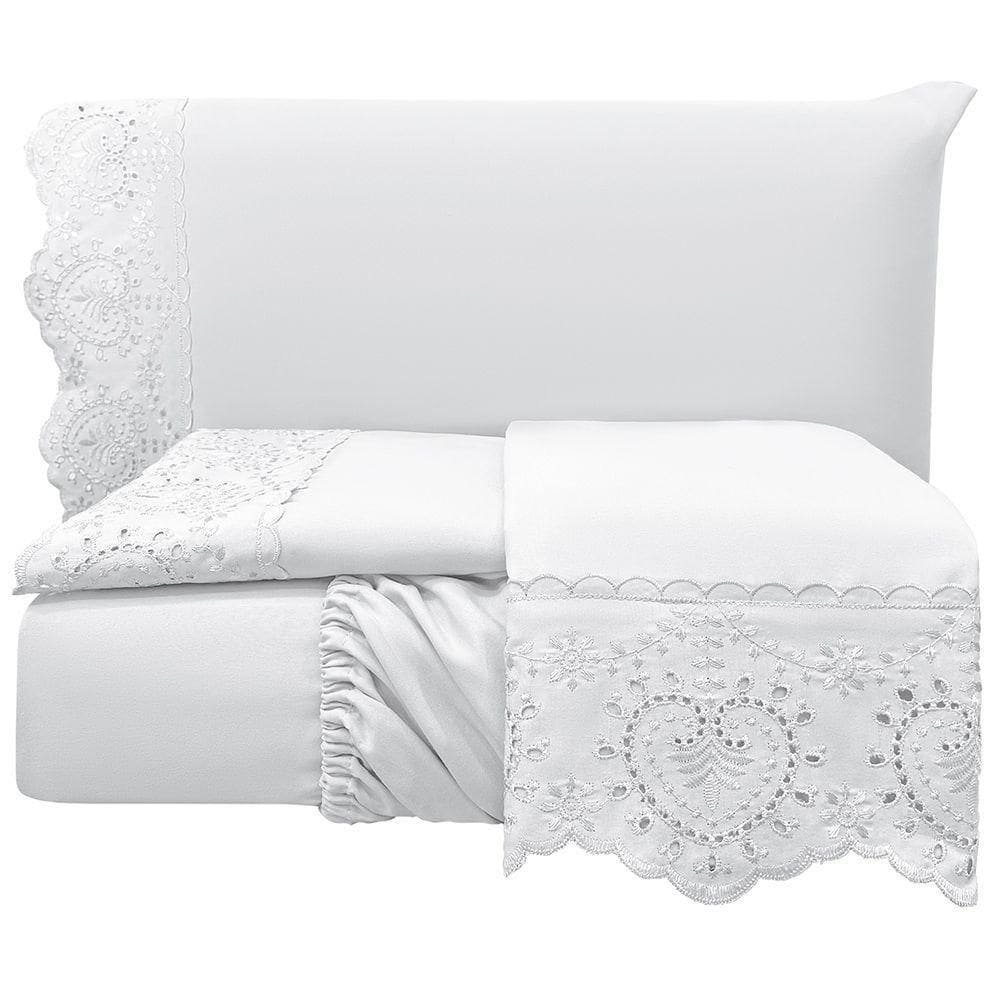 Jogo De Cama Lençol Casal Nupcial Percal 300 Fios 4 Peças Branco 100% Poliéster