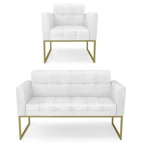 Sofá Namoradeira E 1 Poltrona Base Industrial Dourado Ana Sintético Pu Branco - Ibiza