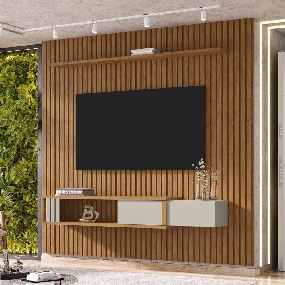 Painel Para Tv Até 85 Polegadas Ripado Com 1 Gaveta E Nicho Multimóveis Cr45283 Naturalle Off White