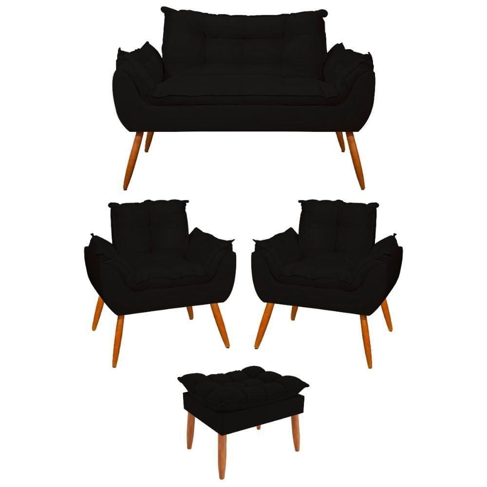 Kit 02 Poltronas + Sofá 2 Lugares Com Puff Opala Balaqui Preto