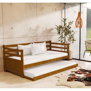 Sofá Cama Madeira Solteiro Vintage Enjoy Imbuia Acompanha Prateleira Rústica - Marrom