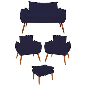 Kit 02 Poltronas + Sofá 2 Lugares Com Puff Opala Balaqui Azul Marinho