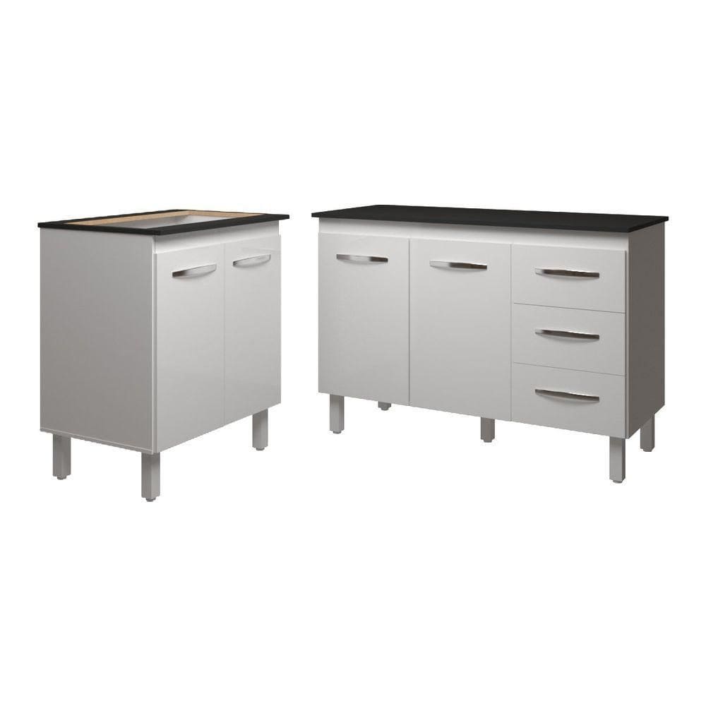 Balcão Para Cooktop 5 Bocas Fran Branco E Armário Bruna 118 Cm Cozinha Gabinete Branco Com Tampo Tampão Preto