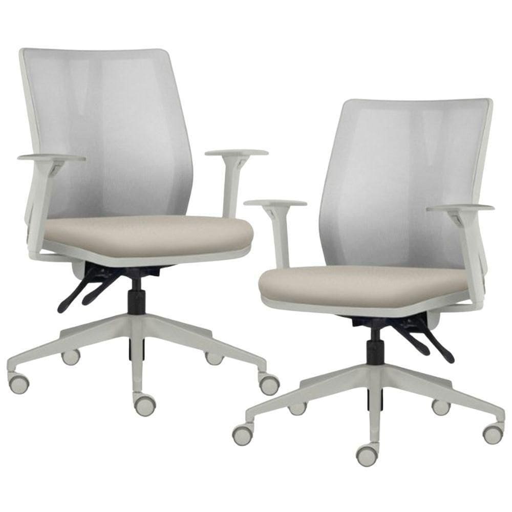 Kit 2 Cadeiras De Escritório Giratória Diretor Flow F02 Base Cinza Sintético Bege - Lyam Decor