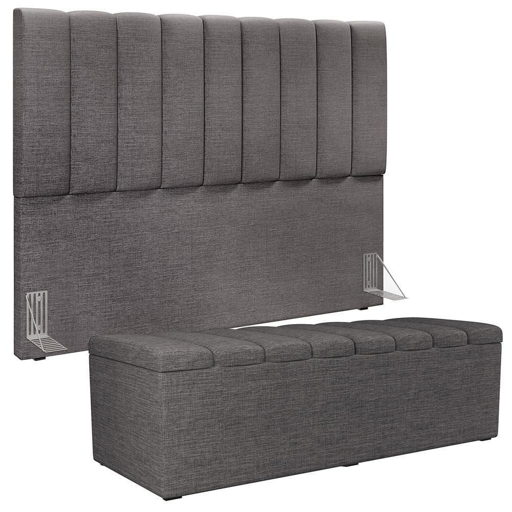 Kit Cabeceira Cama Box Casal King 195cm Com Calçadeira Baú Dália W01 Linho Cinza Escuro - Lyam