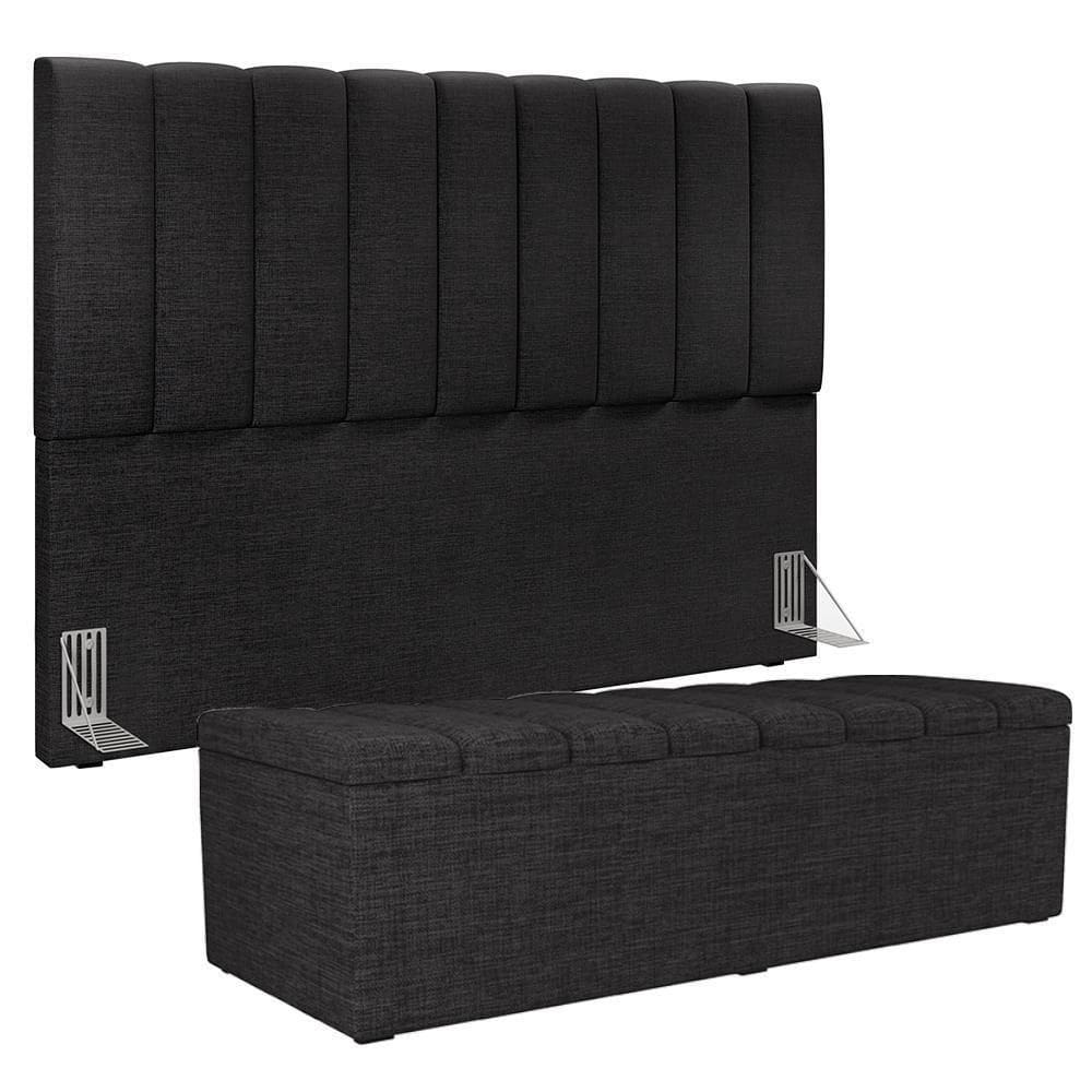 Kit Cabeceira Cama Box Casal King 195cm Com Calçadeira Baú Dália W01 Linho Chumbo - Lyam