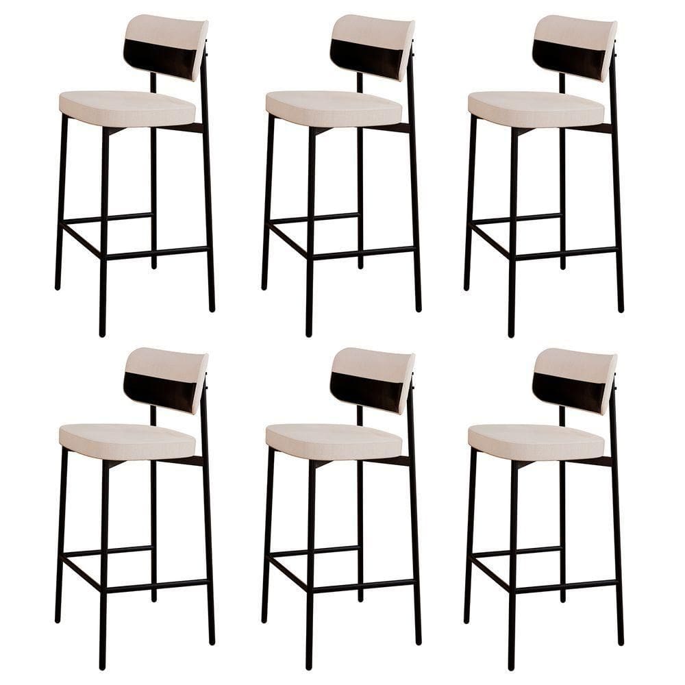 Banqueta Alta Bar Estofada Kit 6 Ella M25 Linho Palha-preto - Mpozenato