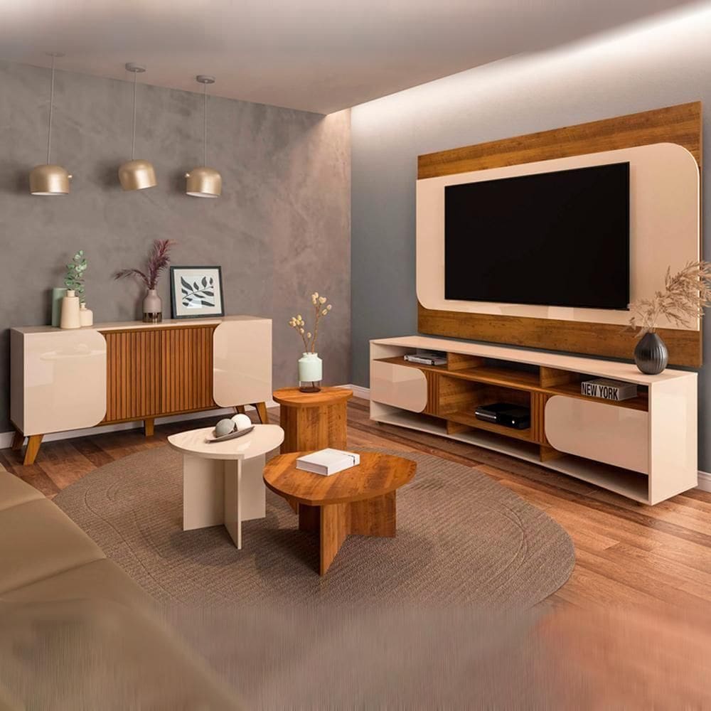 Painel Rack Buffet Mesas Sala De Estar Ed45 Off White Pinho Arly