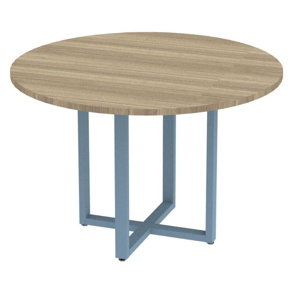 Mesa De Reunião Redonda P25 Pandin 110 Cm (largura) Tampo Mdp Noce Naturalle Pé Aço Tubular Azul Da