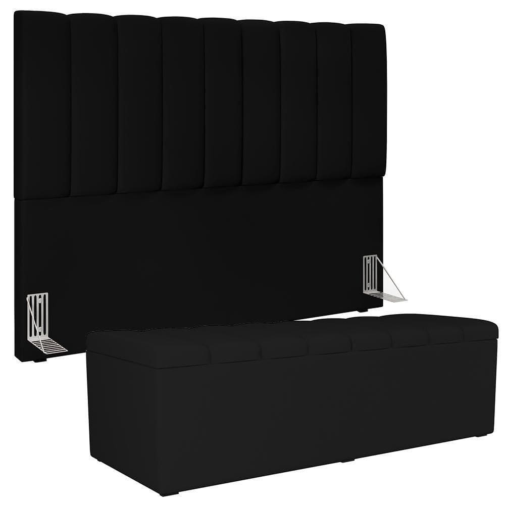 Kit Cabeceira Cama Box Casal King 195cm Com Calçadeira Baú Dália W01 Facto Preto - Lyam