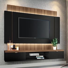 Painel Home Suspenso 1.8 Para Tv Até 55 Com Fita Led Mdp/mdf Shawn Preto/castanho G26 - Gran Belo