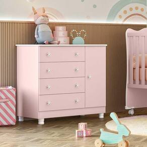 Comoda Sapateira 1 Porta 4 Gavetas Doce Sonho Rosa Acetinado