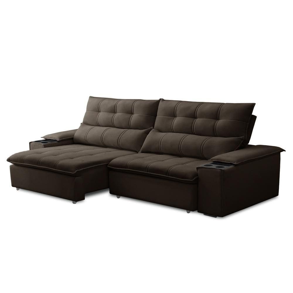 Sofá Retrátil 3 Lugares Com Porta Copo 250cm Malta F05 Veludo Marrom Escuro - Mpozenato