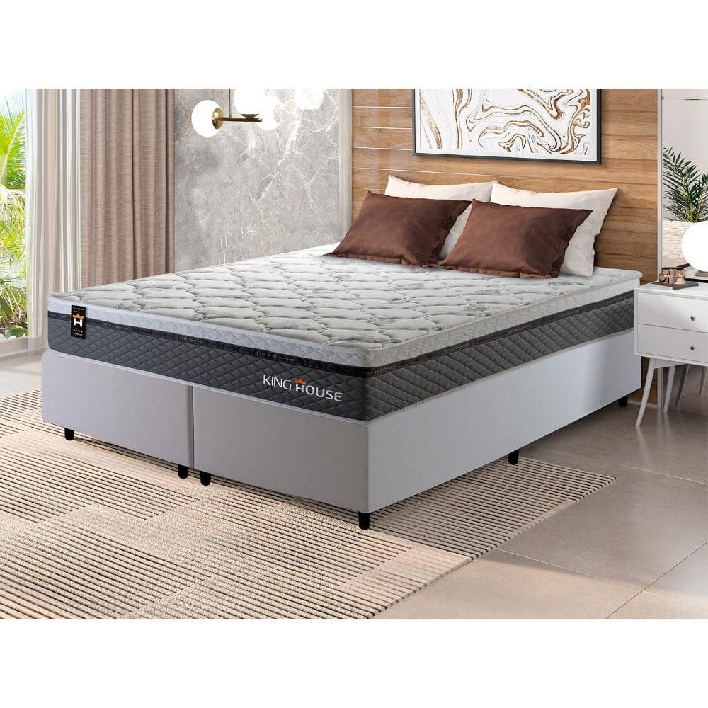 Conjunto Cama Box c/ Molas Ensacadas Benton Cinza Queen 158x198x71