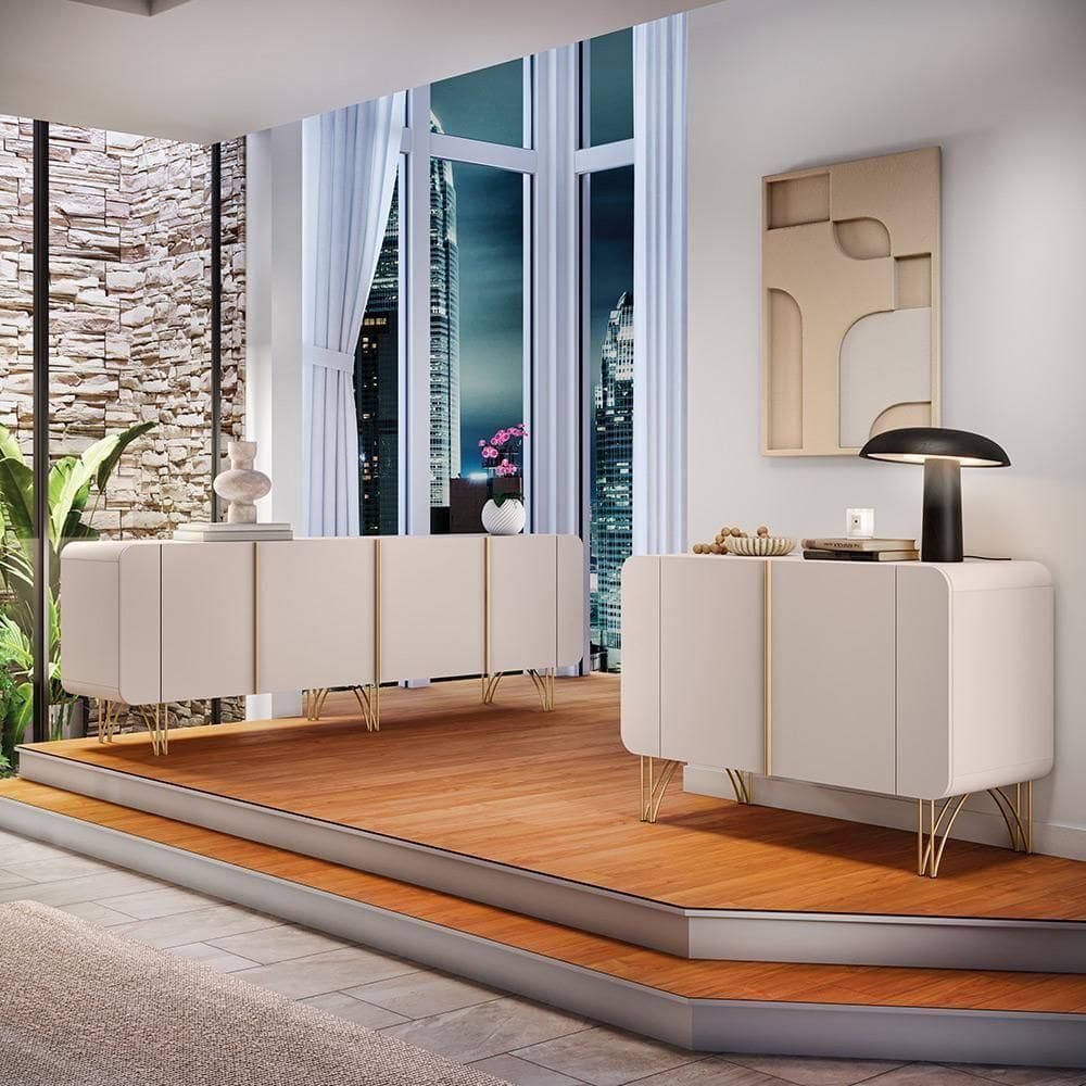 Conjunto Buffets Bambino/virginia Sala De Estar Mdp/mdf Pés Em Aço Off White G26 - Gran Belo