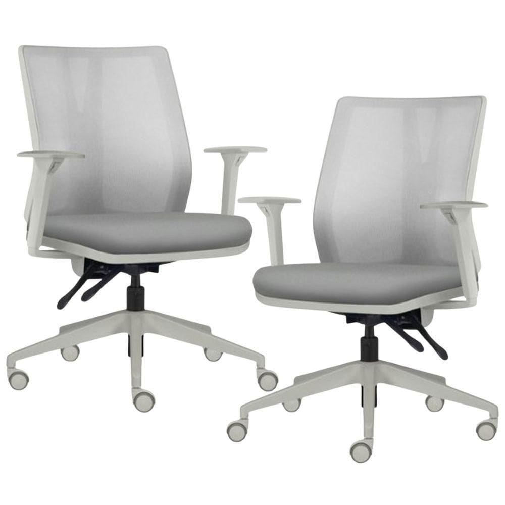Kit 2 Cadeiras De Escritório Giratória Diretor Flow F02 Base Cinza Sintético Cinza - Lyam Decor