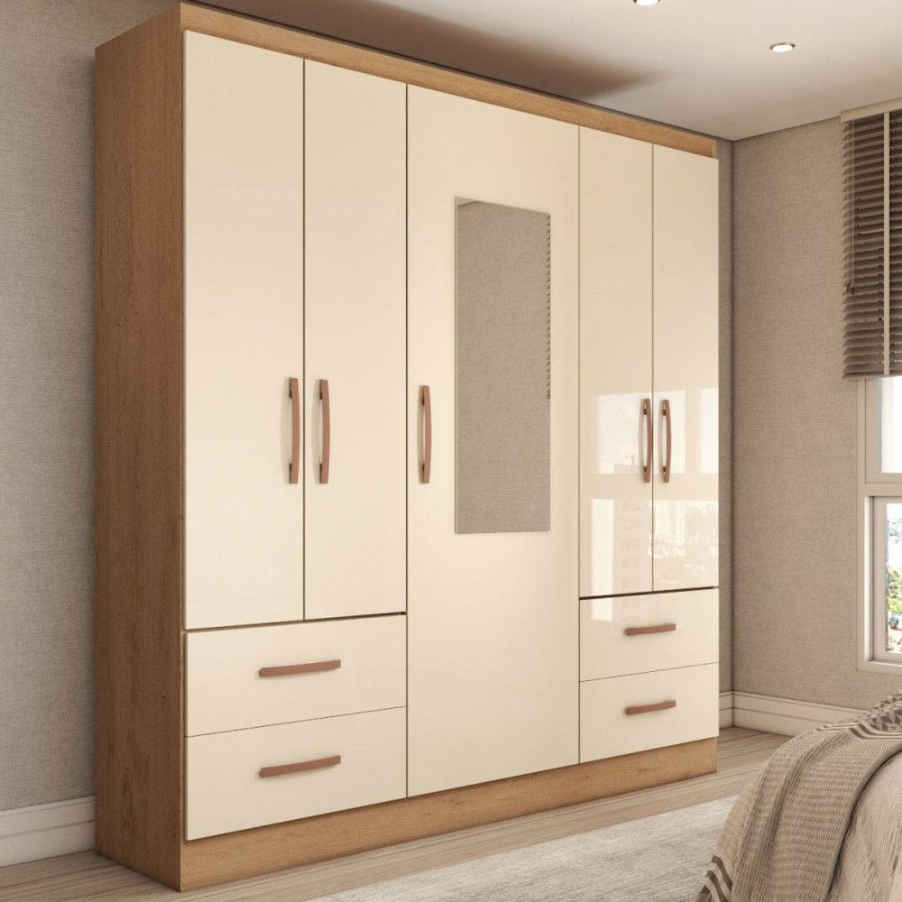 Guarda-Roupa Solteiro Virtuoso 5 Portas 4 Gavetas com Espelho Canelato Rústico/Natural Off White - Panorama Móveis