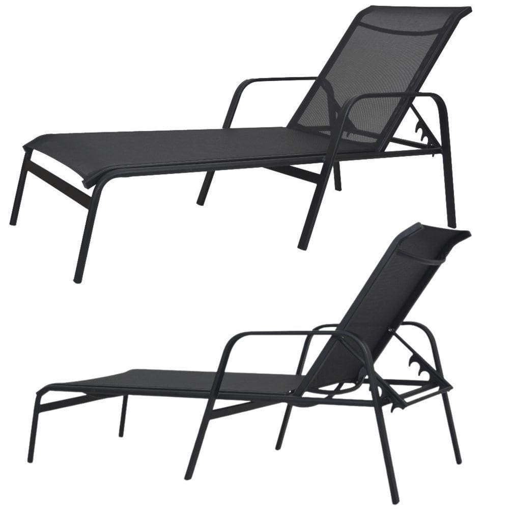 Kit 2 Cadeira Espreguiçadeira De Piscina Alumínio E Tela Sling Preto + Mesinha Preto