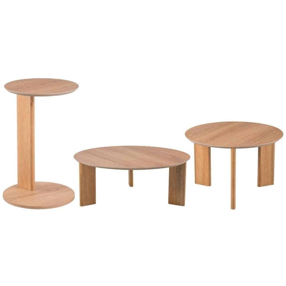 Kit 02 Mesas De Centro E 01 Mesa Lateral Pés Madeira Bulat A03 Hanover Roble - Lyam Decor