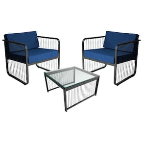 Conjunto 2 Poltronas E Mesa Centro Fibra Sintética Santiago Preto-azul