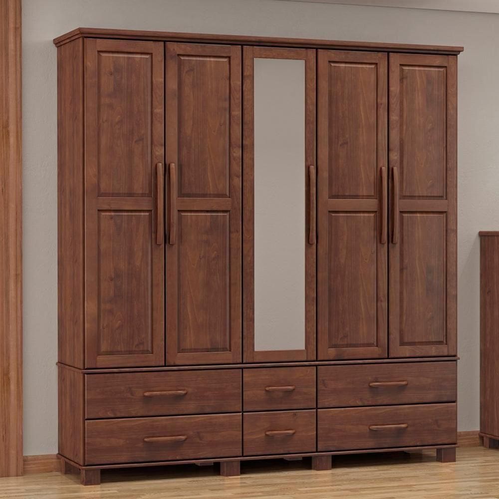 Guarda Roupa 5 Portas 6 Gavetas Espelho Madeira Maciça 208 Cm 2253 Cafe Milani Store