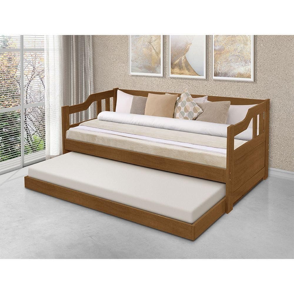 Sofa Cama Solteiro De Madeira Com Cama Auxiliar Com 2 Colchões - Imbuia - Marrom