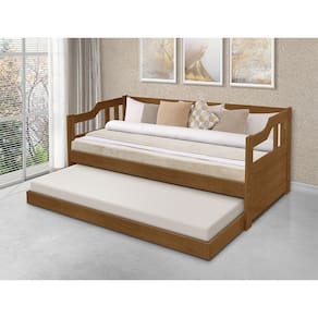 Sofa Cama Solteiro De Madeira Com Cama Auxiliar Com 2 Colchões - Imbuia - Marrom