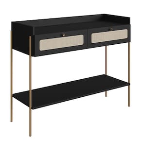 Aparador 2 Gavetas Oslo Artesano 103 Cm (largura) Mdp Nero Palha Sintética Bege Pé Metal Dourado