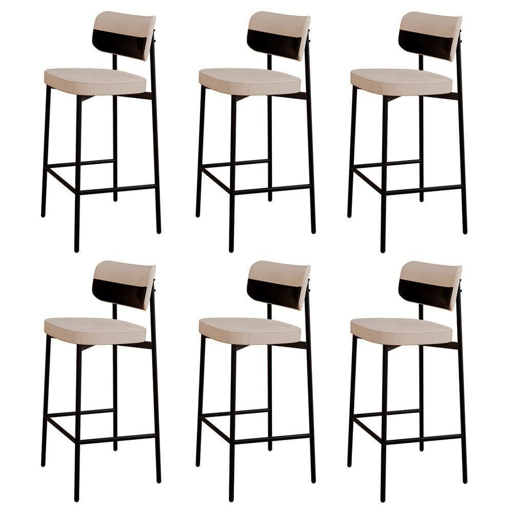 Banqueta Alta Bar Estofada Kit 6 Ella M25 Linho Areia-preto - Mpozenato