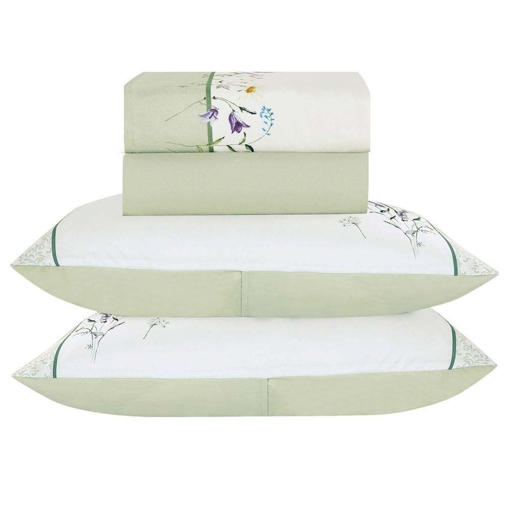Jogo De Cama Lençol Casal Bouquet Percal 300 Fios 4 Peças Verde 100% Poliéster