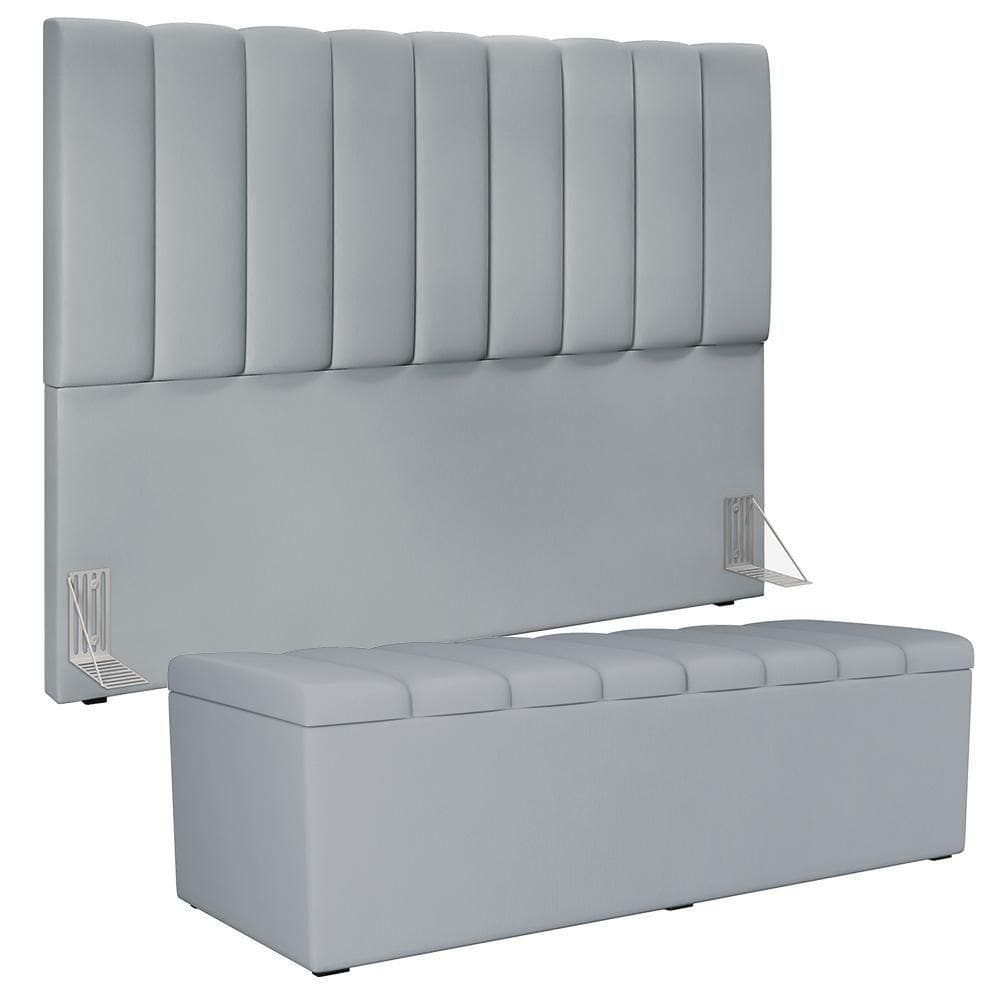 Kit Cabeceira Cama Box Casal King 195cm Com Calçadeira Baú Dália W01 Suede Cinza - Lyam