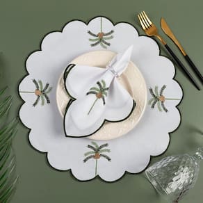 Kit 12 Jogos Americanos Guardanapos De Mesa Redondo Bordado Tropical Branco - 100% Poliéster