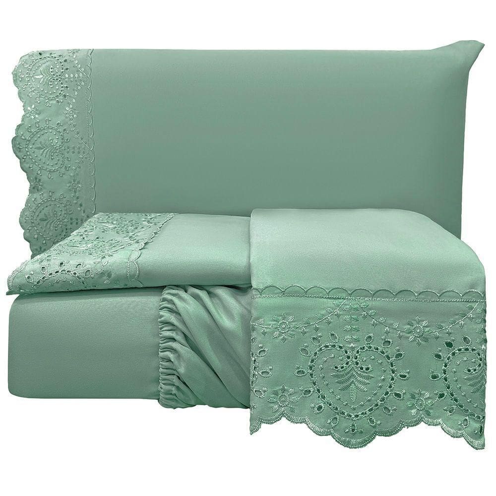 Jogo De Cama Lençol Casal Nupcial Percal 300 Fios 4 Peças Verde 100% Poliéster