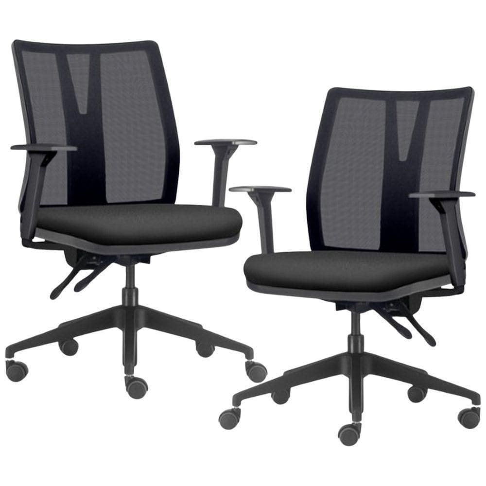 Kit 2 Cadeiras De Escritório Giratória Diretor Flow F02 Base Preta Sintético Preto - Lyam Decor