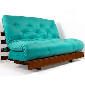 Sofá Cama Casal Futon Tokio Azul Turquesa Acquablock Madeira Maciça Cor Imbuia
