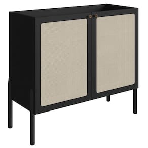 Balcão Bar Buffet 2 Portas Oslo Artesano 93 Cm (largura) Mdp Nero Palha Sintética Bege Pé Madeira