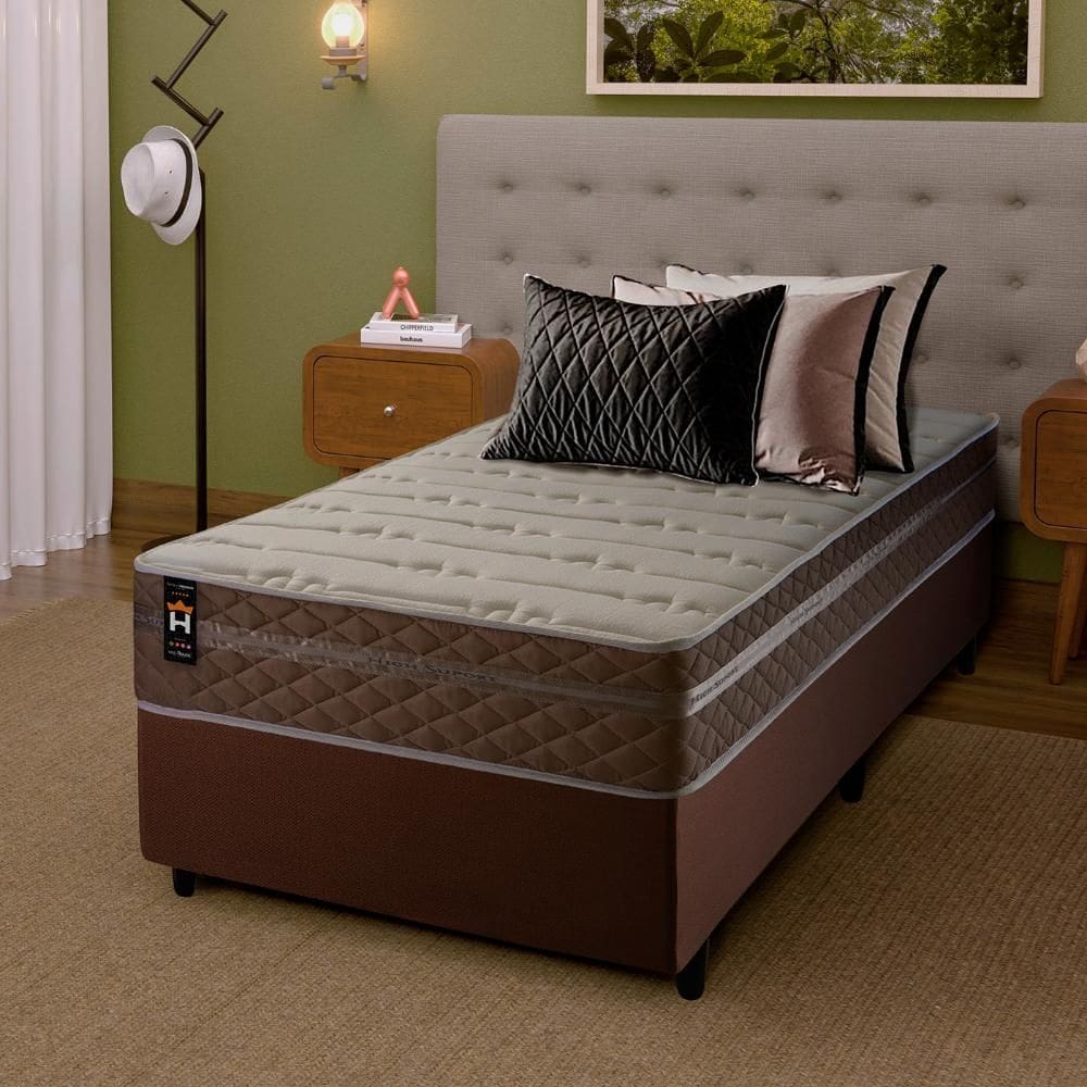 Conjunto Cama Box Marrom c/ Molas Ensacadas Georgia Bege Solteiro 96x203x60