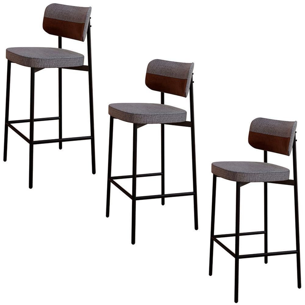 Banqueta Alta Bar Estofada Kit 3 Ella M25 Linho Cinza-whisky - Mpozenato