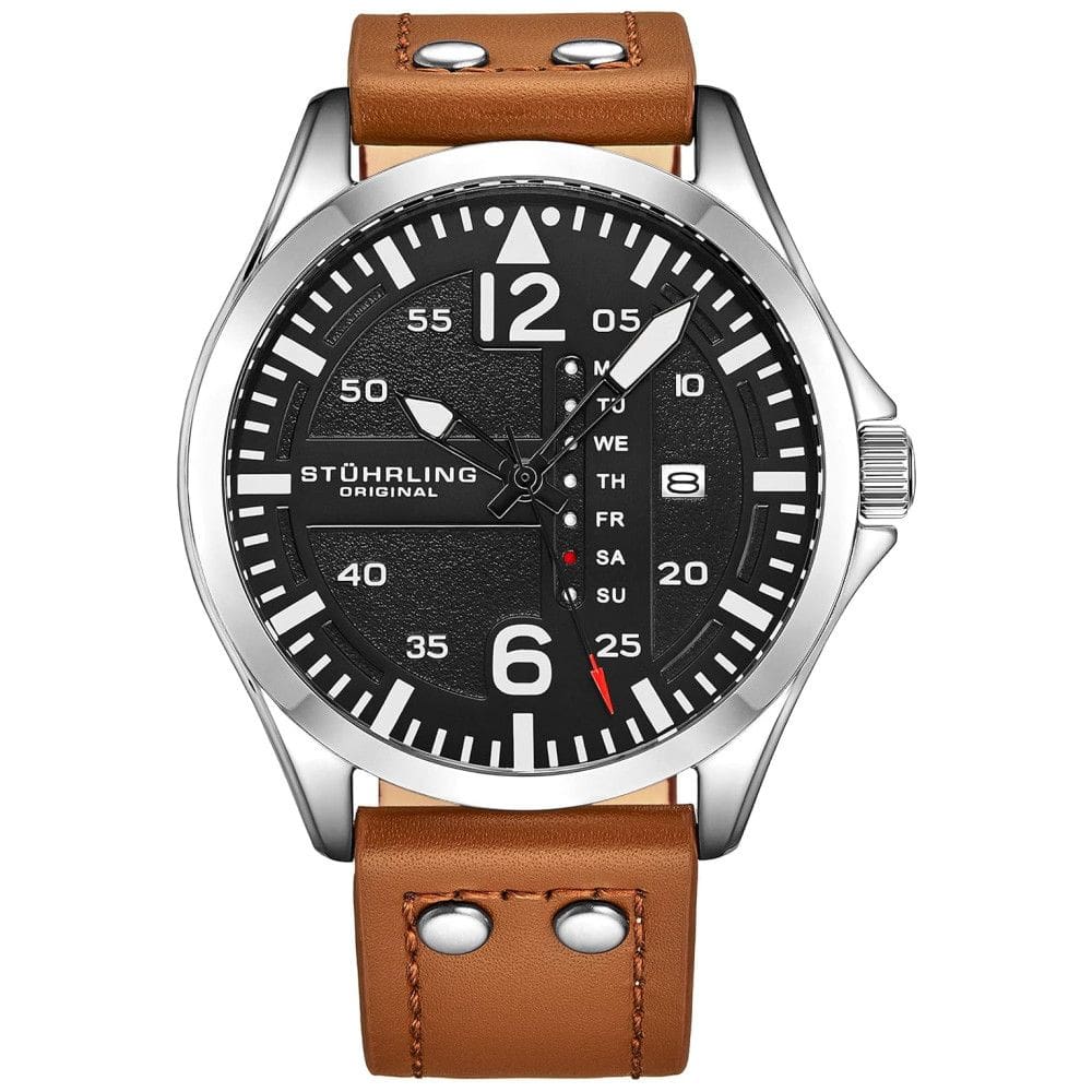 Relogio Stuhrling Homem. Couro Aviador Couro com Rebites de Aço Esport. Class