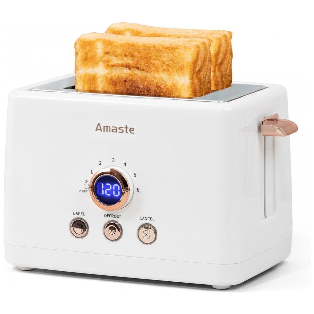 Torradeira Elétrica 2 Fatias com 6 Níveis de Tostagem em Aço Inoxidável e Painel Digital, 110V 850W, Amaste, Dourado