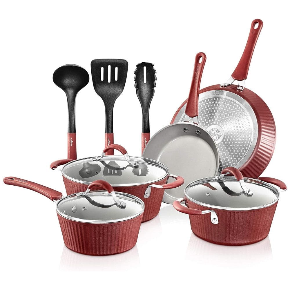 Conjunto de Panelas Antiaderentes com Alças de Silicone e Espátulas, 11 Peças, NUTRICHEF NCCW11RDL, Vermelho