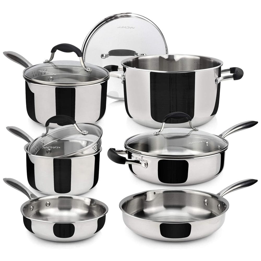 Conjunto de Panelas e Frigideiras de Aço Inoxidável, 10 Peças, AVACRAFT, Prateado