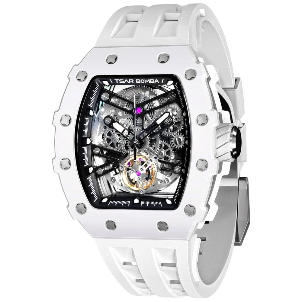 Relógio Masculino Analógico Automático Mecânico a Prova dÁgua 50M com Pulseira de Silicone, TSAR BOMBA TB 8208 TC SGLZ, Branco