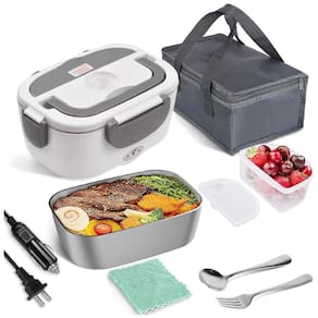 Marmita Elétrica Portátil 2 em 1 com Recipiente de Aço Inoxidável e à Prova de Vazamentos, 12V 110V 55W, CLCYICEN, Cinza