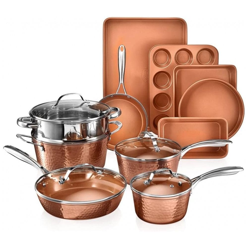Conjunto de Panelas e Frigideiras Antiaderentes com Revestimento Cerâmico, 15 Peças, GOTHAM STEEL, Cobre