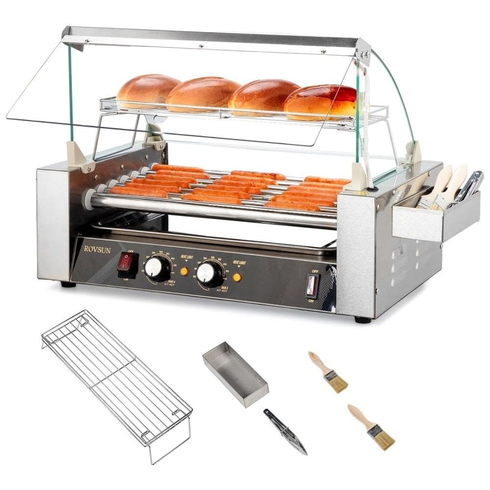 Máquina para Cachorro Quente 7 Rolos até 18 Salsichas com Luz LED, Controle de Temperatura Duplo e Aquecedor de Pão, 110V 1050W, ROVSUN,