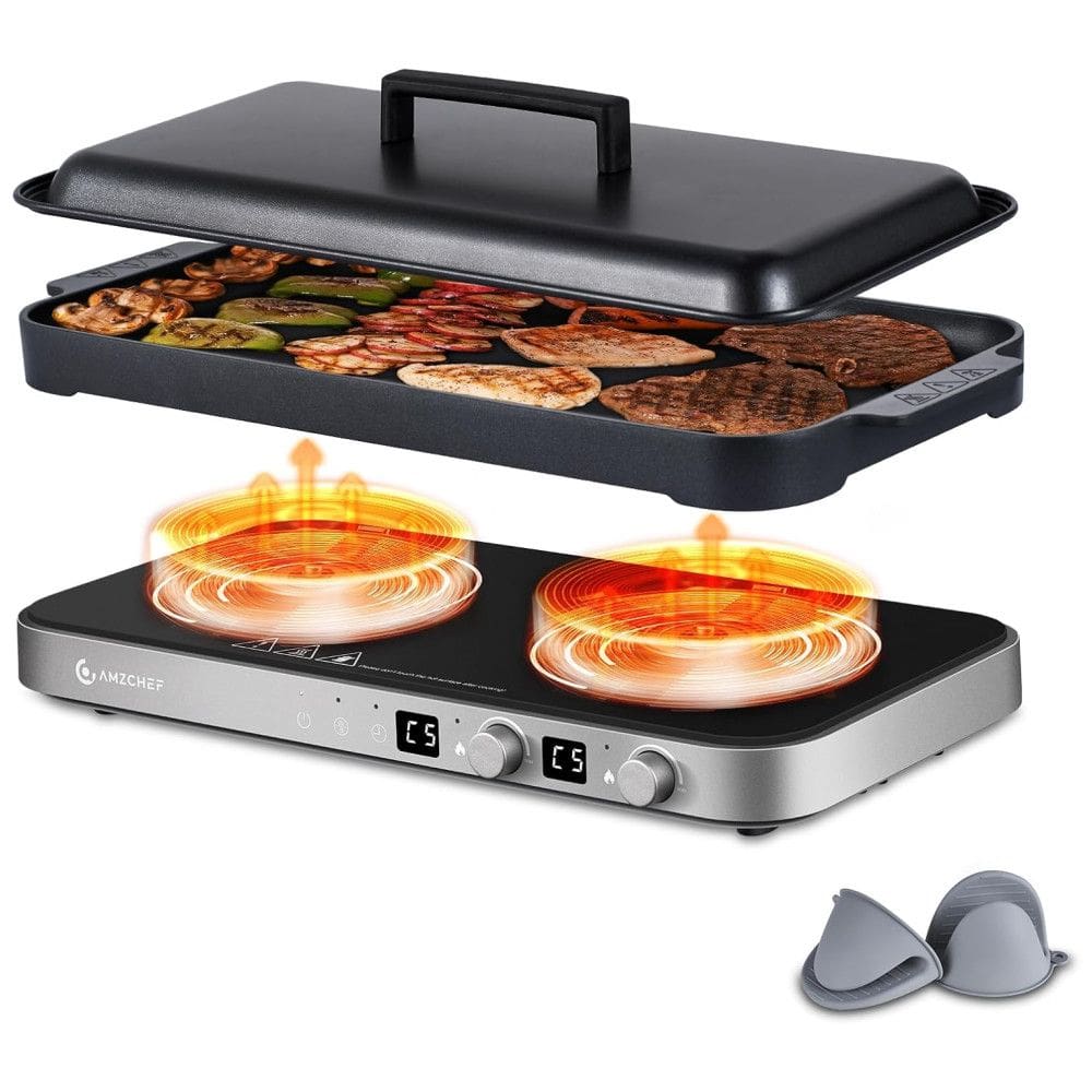 Cooktop Elétrico de Indução Portátil com Queimador Duplo, Frigideira de Ferro Fundido Removível Antiaderente, Sensor de Toque, 9 Níveis de