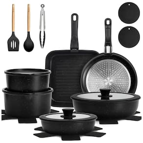 Jogo de Panelas e Frigideiras Antiaderentes, Material em Alumínio com 22 Peças, Cabo Removível e Utensílios de Cozinha, Kikcoin, Preto