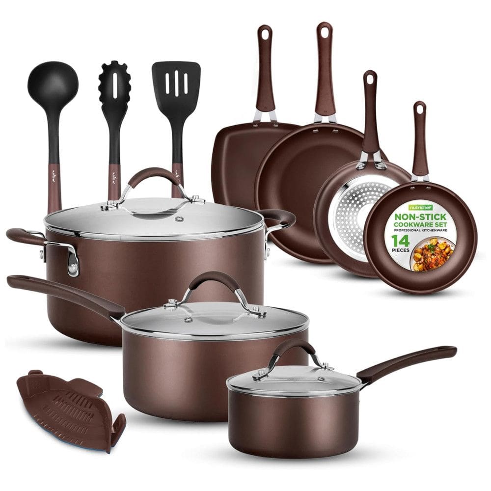 Conjunto de Panelas, Frigideiras Antiaderentes e Utensílios, 14 Peças, NutriChef NCCW14SBR, Marrom
